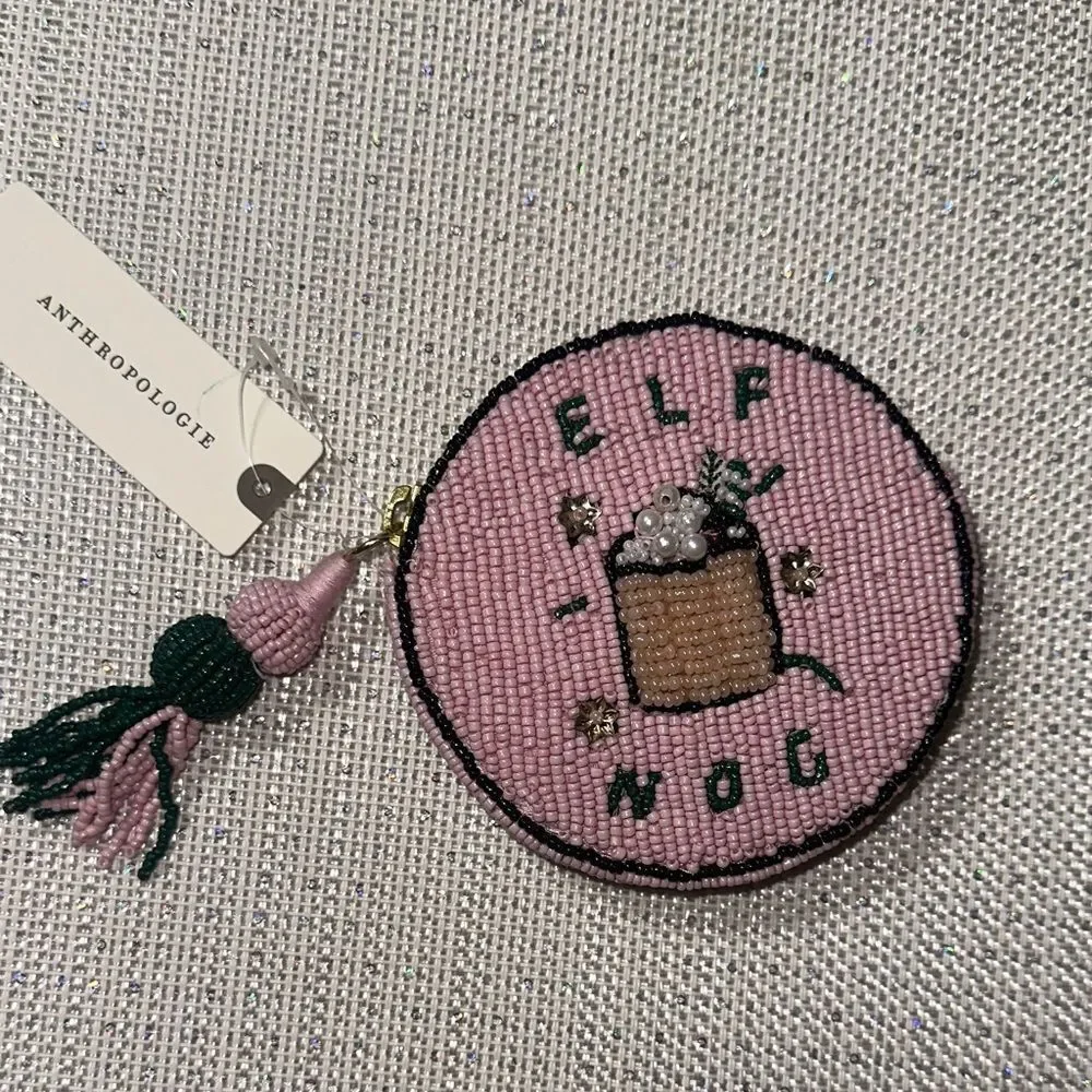 Anthropologie “ELF NOG” Nephthys Illustrated Beaded Disc Round Zip Coin Purse.